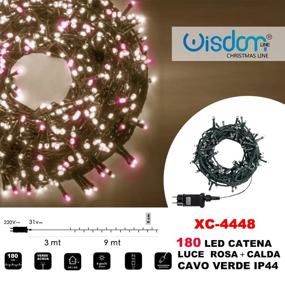 CATENA LUMINOSA 180 LUCI LED LUCCIOLE LUCE ROSA + CALDA CAVO VERDE IP44 XC-4448