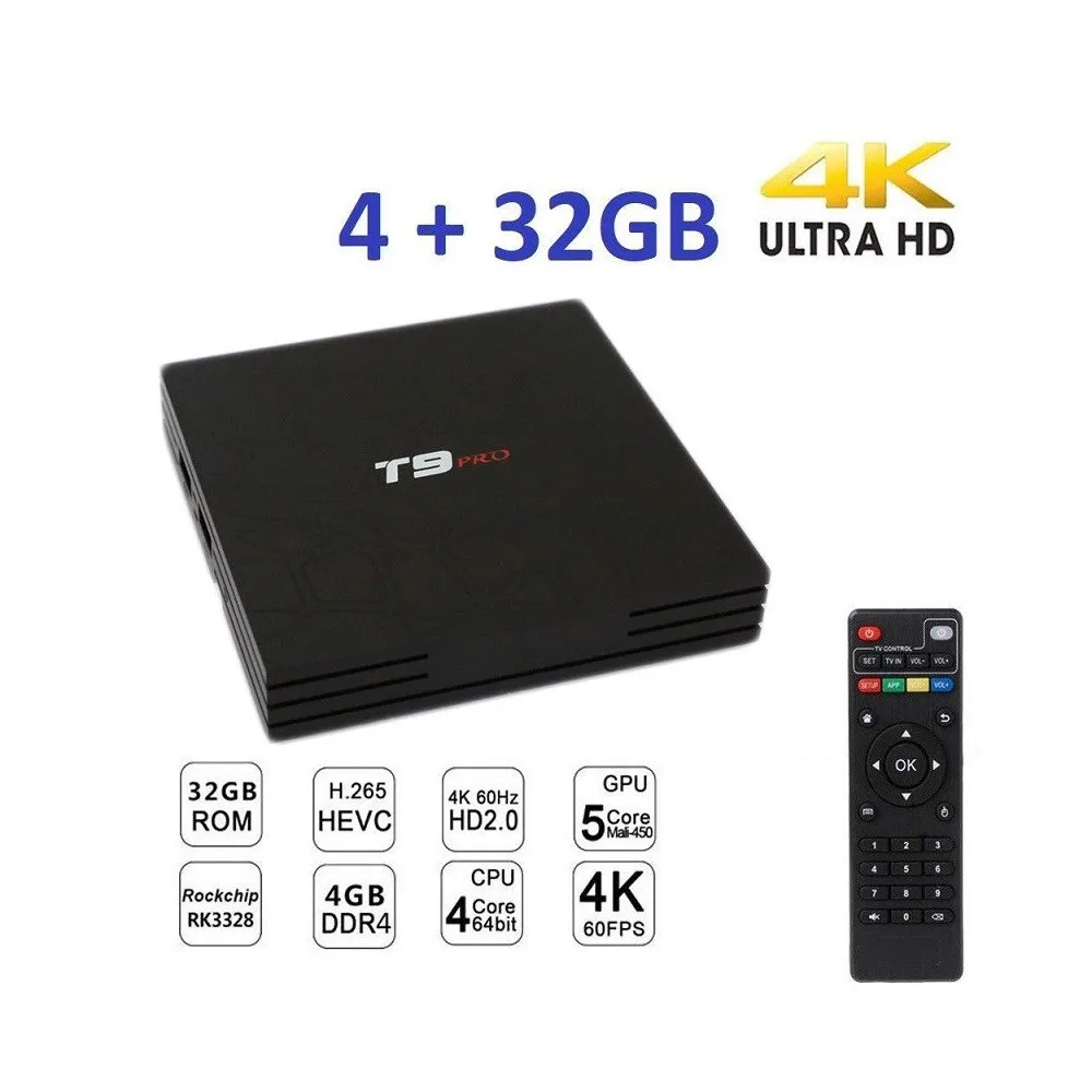 SMART TV BOX T9 PRO ANDROID 7.1.2 4GB RAM 32GB 4K IPTV GPU 5 CORE QUAD WIFI