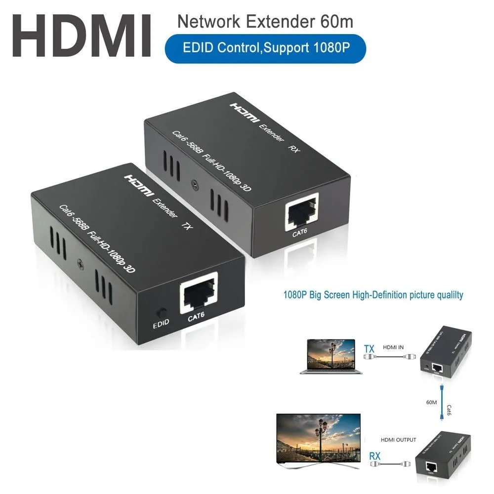 HDMI EXTENDER ETHERNET CAVO DI RETE LAN OVER CAT6 60 METRI HDMI 3D FULLHD 1080P