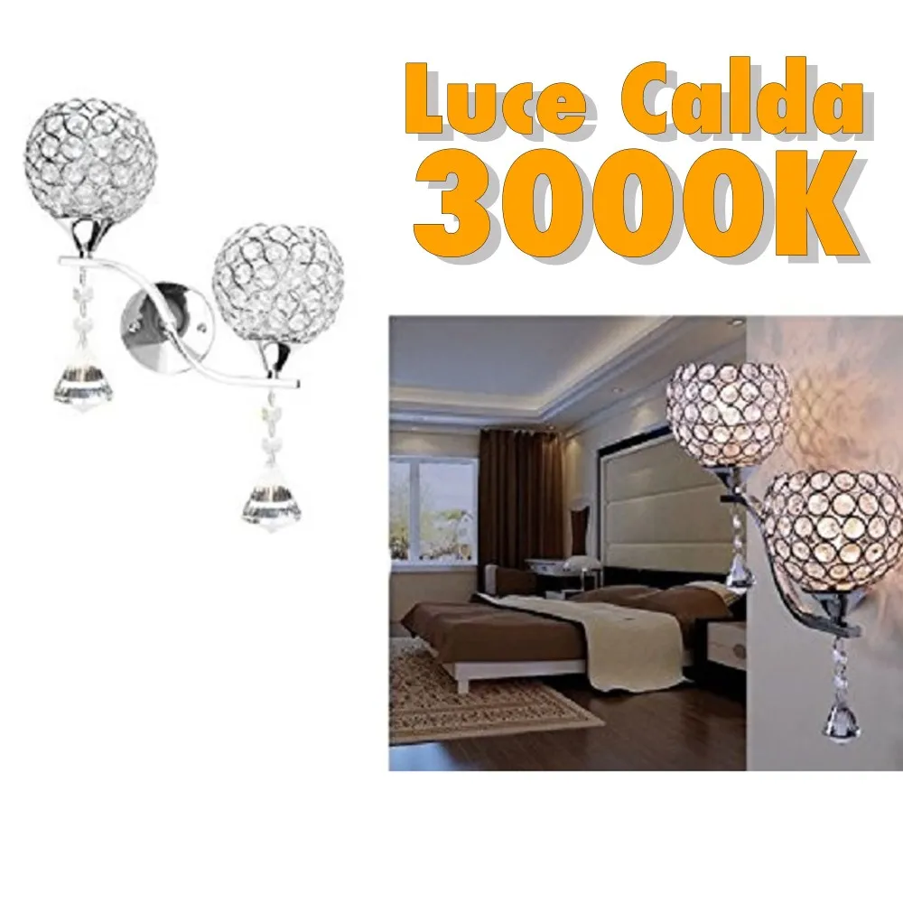 APPLIQUE DA PARETE DOPPIA LAMPADA TONDO CRISTALLI LUCE LED CALDO 3000 LAMPADARIO