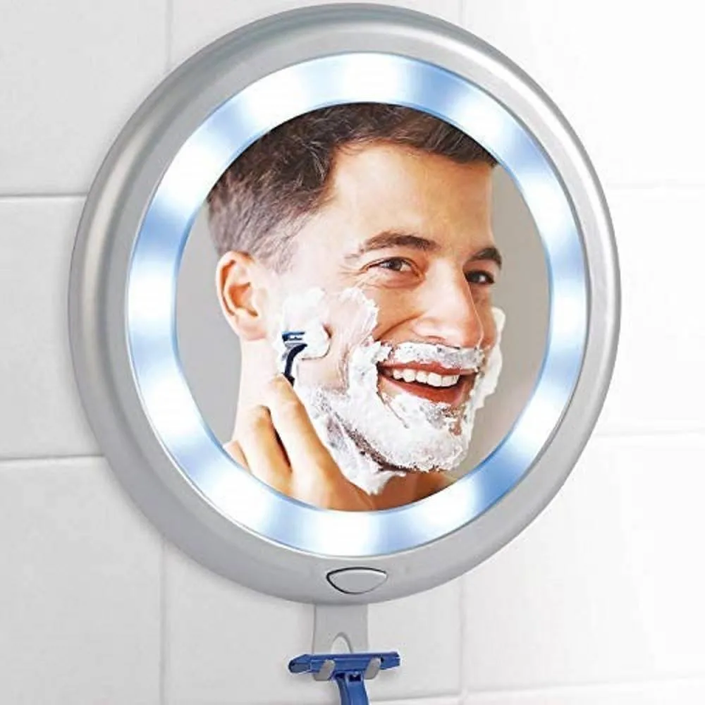 SPECCHIO BAGNO LUCE 12LED TRUCCO BARBA GANCIO PORTA RASOIO LAMETTA 4 VENTOSE PARETE