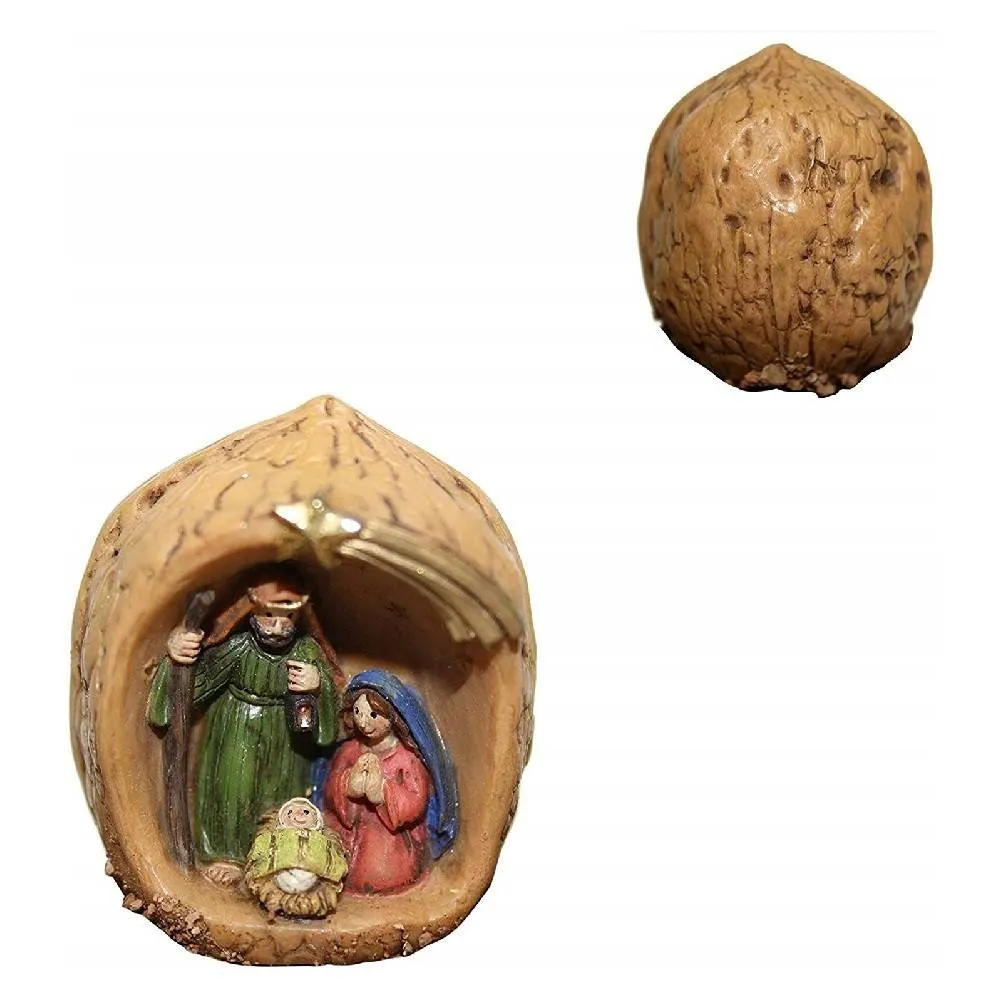 PRESEPE NATIVITÀ DENTRO NOCE RESINA 4,5CM DECORO SACRA FAMIGLIA DECORAZIONE NATALE