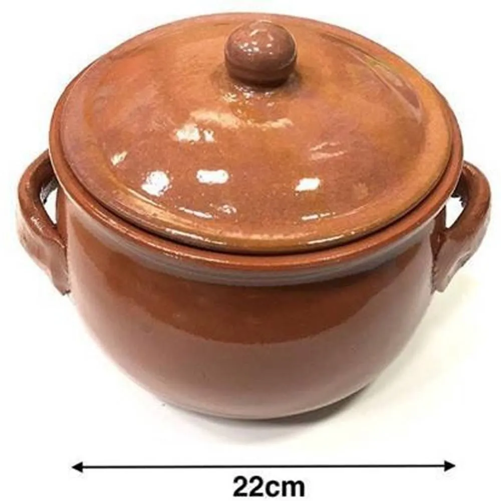 PENTOLA TEGAME IN TERRACOTTA BOMBATA CON MANICI E COPERCHIO DA FORNO COTTURA 22