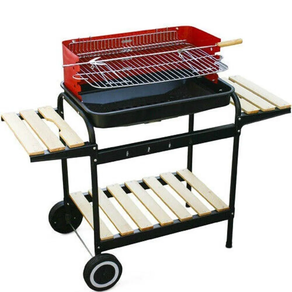 BARBECUE TROLLEY A CARBONELLA IN METALLO E LEGNO BBQ BRACIERE PORTATILE RIPIANI